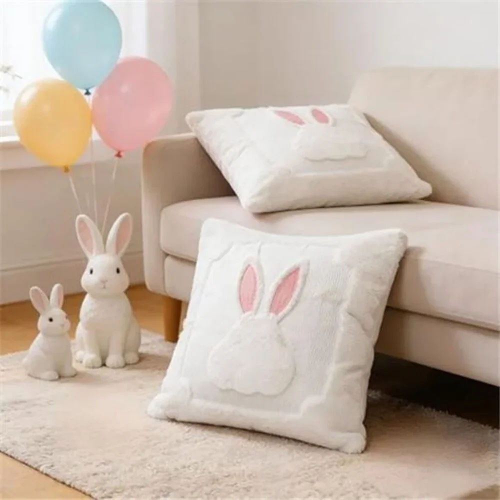 3 Pack Easter Pillow Covers 18x18 Inch White Bunny Pillow Case for Easter Day